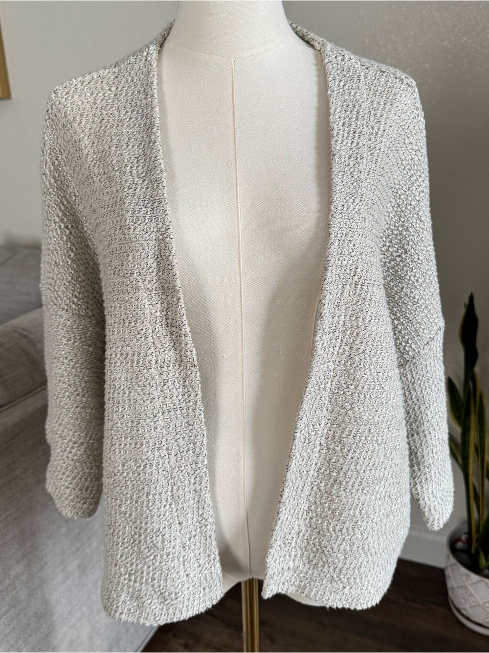 Yessica Women’s Large Open Front Knit Cardigan Sweater Gray White Boho Casual L
